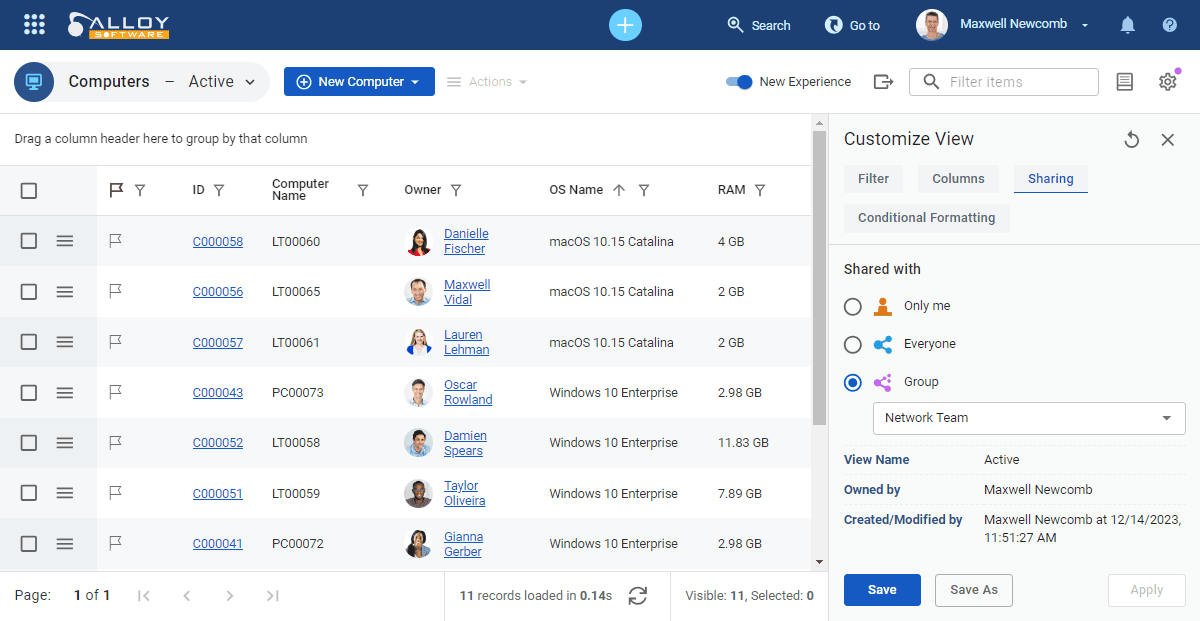Comprehensive view configuration panel with filters.