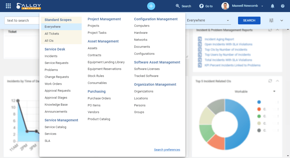 Comprehensive ITSM search panel with filters.