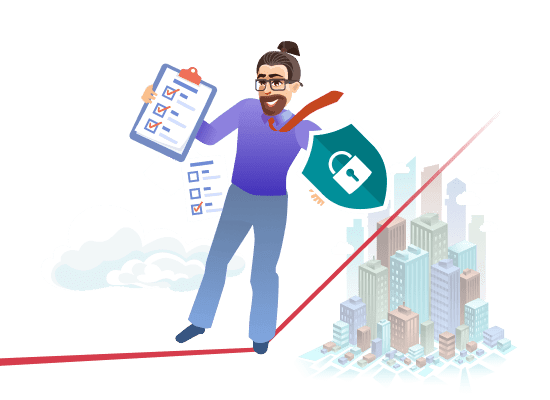 Cartoon of a man with clipboard and shield on tightrope above city.
