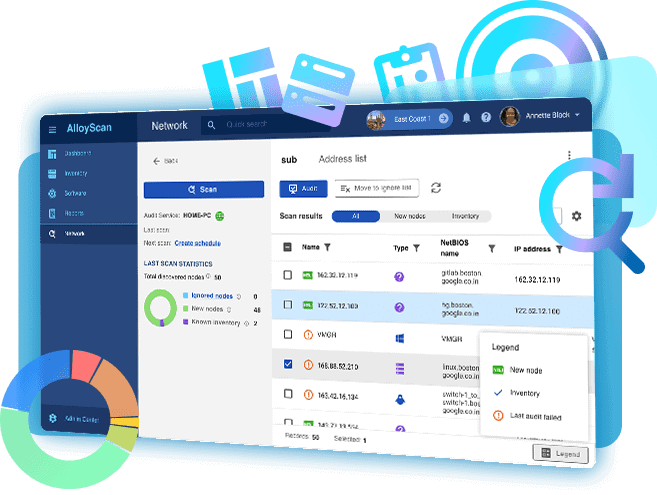 "Graphic of AlloyScan's user interface showing a network scan with colorful side icons, a pie chart of scan statistics, and a detailed scan results table.