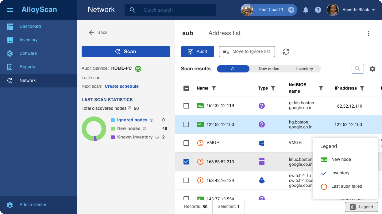 Network management interface with device status.