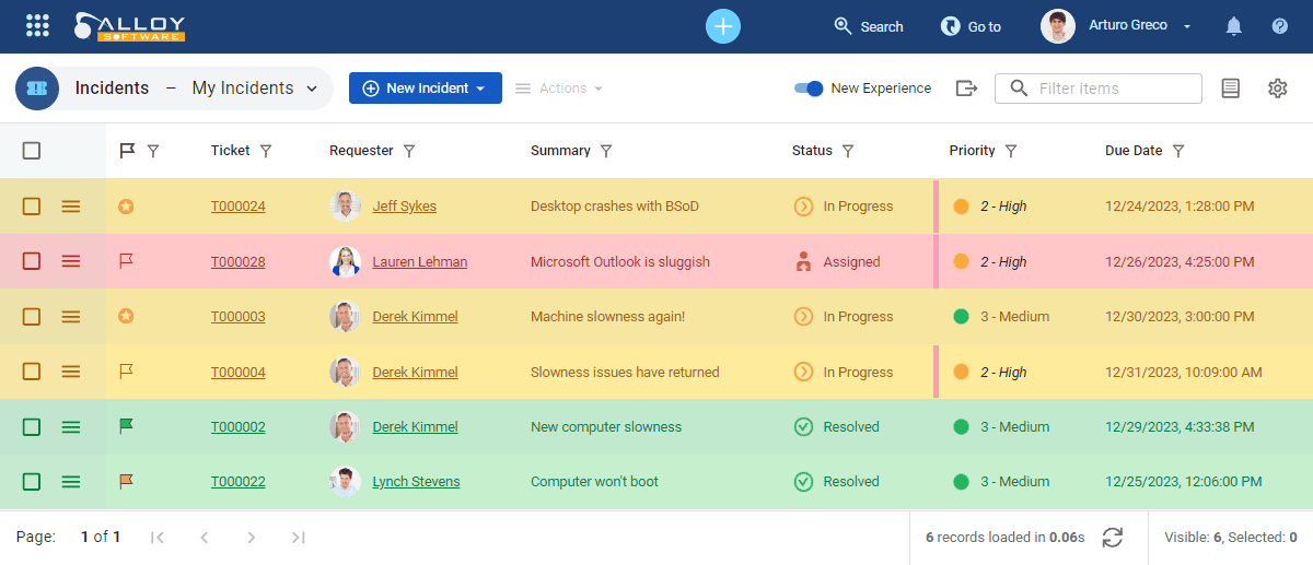 The screenshot shows data grids, one of the key features of Alloy Navigator, a universal ITSM/ITAM software package.