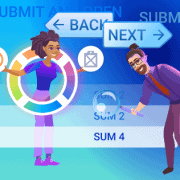 Cartoon of people with IT navigation buttons and settings icon.