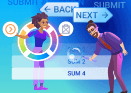 Cartoon of people with IT navigation buttons and settings icon.
