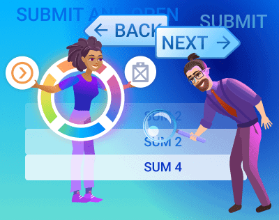 Cartoon of people with IT navigation buttons and settings icon.