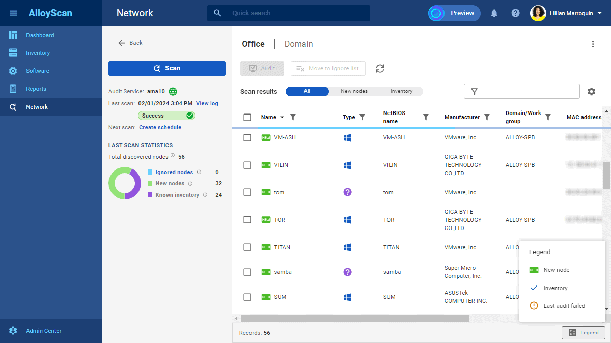 The image shows a detailed screenshot of a network inventory management system with various data points and navigational elements.