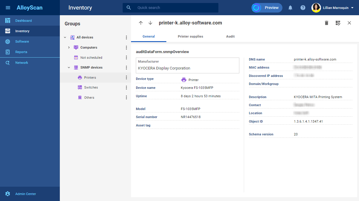 The image shows a detailed screenshot of a network inventory management system with various data points and navigational elements.
