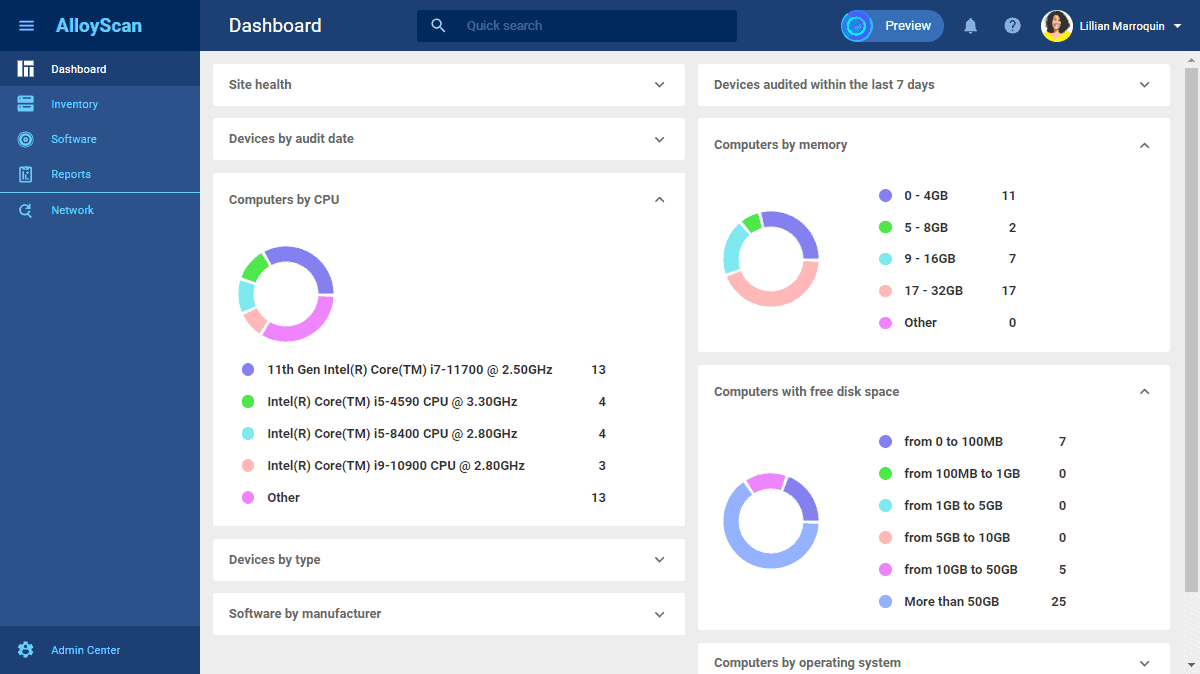 The image shows a detailed screenshot of a network inventory management system with various data points and navigational elements.