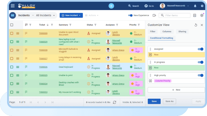 A screenshot of IT service management software displaying a colorful incident view with various statuses and assignments.