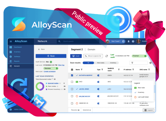 Network inventory interface from Alloy Software, with a "New Arrival" banner.