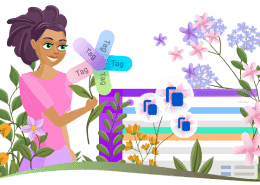 Illustration of a person organizing digital files with a spring theme and flowers.