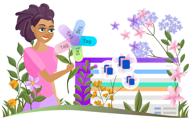 Illustration of a person organizing digital files with a spring theme and flowers.