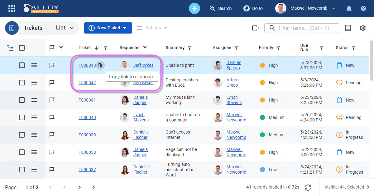 Screenshot showing the shortcuts feature in a digital management interface.