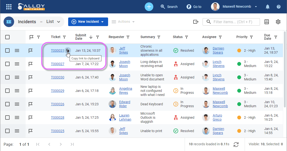 Screenshot showing the copy link feature in a task management form.