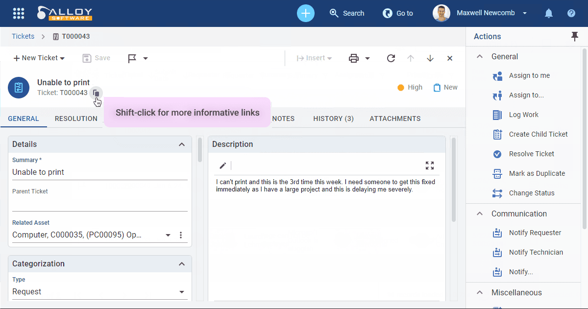 Screenshot showing the shortcuts feature in a digital management interface.