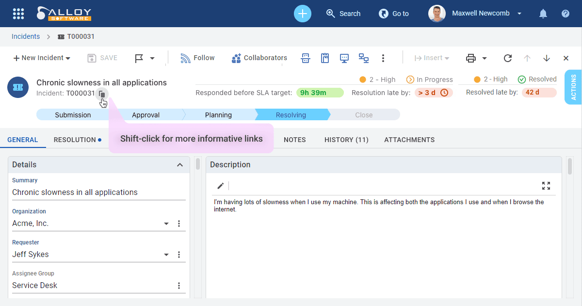 Screenshot of a task management interface highlighting the copy link feature.