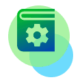 Icon of a book with a gear representing HR service management knowledge.