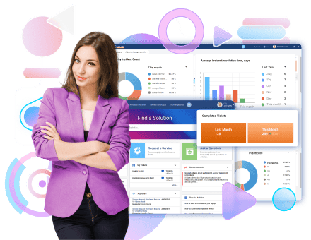 Illustration of a confident woman standing in front of various HR service management software dashboards.