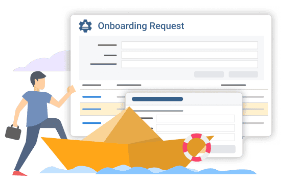 Illustration of an onboarding request form with a sailing ship and life preserver.