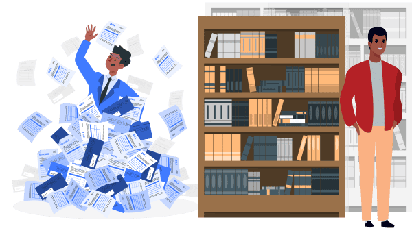 Illustration of a person overwhelmed by paperwork next to a neatly organized bookshelf.