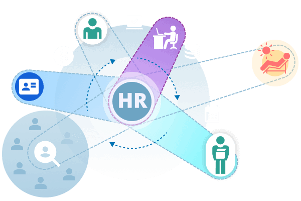 Illustration depicting HR service management with interconnected icons and processes.