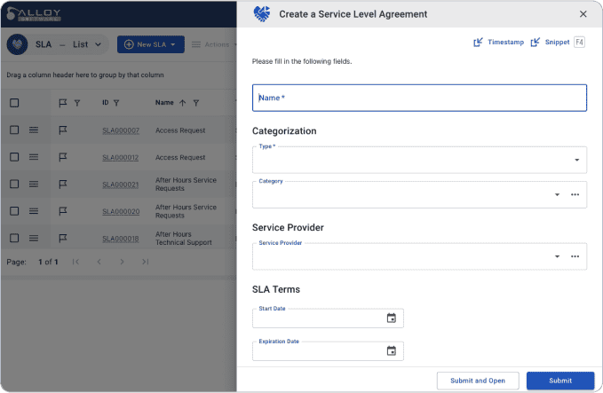 Screenshot of a HR service management software interface for creating a new service request.