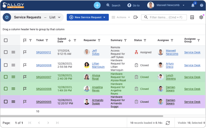 Screenshot of a task management interface displaying various tasks, assignees, and statuses.
