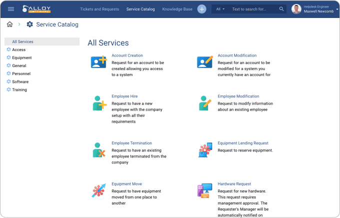 Screenshot of HR service management software displaying various service request options.