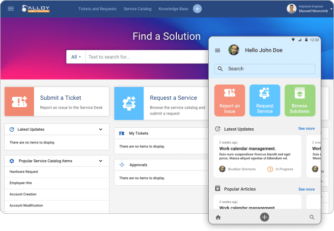 Screenshot of HR service management software displaying various service request options.