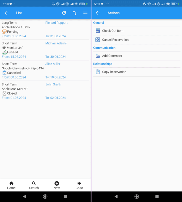 Mobile IT asset management interface screenshot.