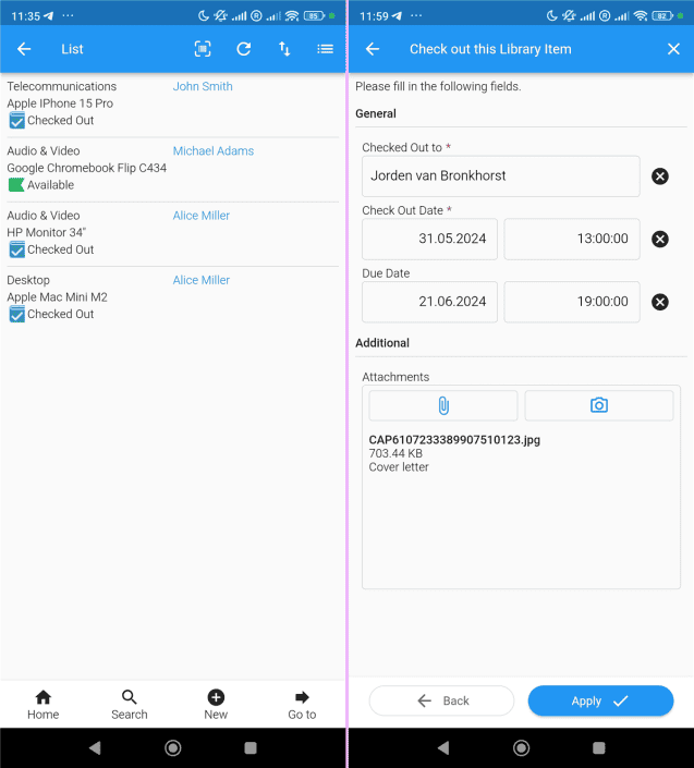 Mobile IT asset management interface screenshot.