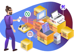 Illustration of mobile IT asset management with devices and inventory boxes