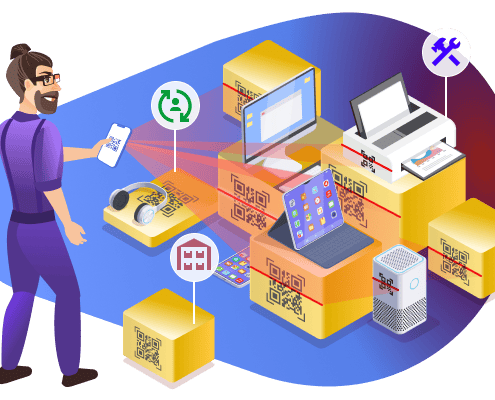 Illustration of mobile IT asset management with devices and inventory boxes