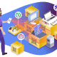 Illustration of mobile IT asset management with devices and inventory boxes