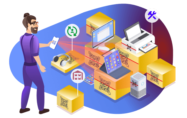 Illustration of mobile IT asset management with devices and inventory boxes