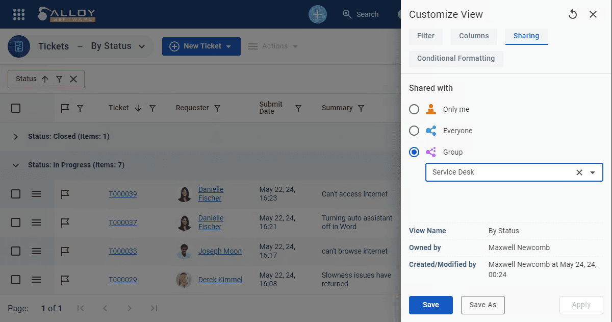 Screenshot showing the shortcuts feature in a digital management interface.