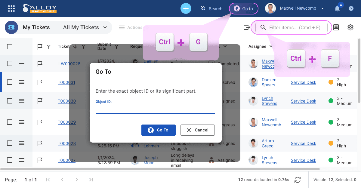Screenshot demonstrating the use of shortcuts in a task management interface.