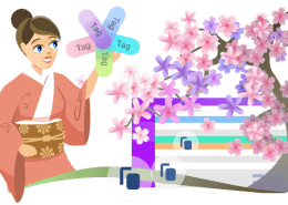 Illustration of a woman in traditional attire organizing digital files with a cherry blossom tree background.