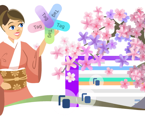 Illustration of a woman in traditional attire organizing digital files with a cherry blossom tree background.