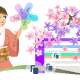 Illustration of a woman in traditional attire organizing digital files with a cherry blossom tree background.