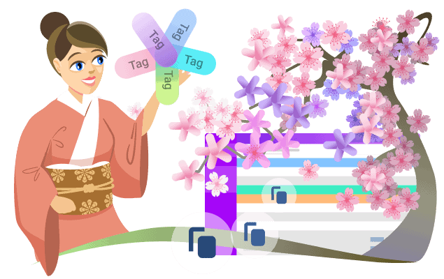 Illustration of a woman in traditional attire organizing digital files with a cherry blossom tree background.