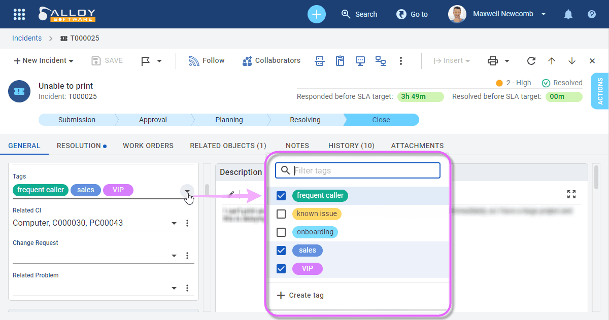 Screenshot of a tagging feature in a form within a digital management interface.