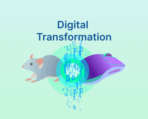 Gray mouse morphing into a computer mouse via binary code; title “Digital Transformation” on a teal gradient.