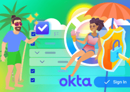A vibrant illustration featuring a man holding a magic wand with a checkmark, and a woman under a beach umbrella with a security shield, ice cream, and the Okta logo with a 'Sign In' button.