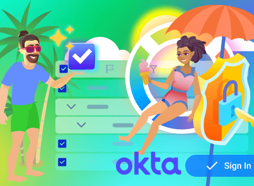 A vibrant illustration featuring a man holding a magic wand with a checkmark, and a woman under a beach umbrella with a security shield, ice cream, and the Okta logo with a 'Sign In' button.