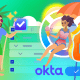 A vibrant illustration featuring a man holding a magic wand with a checkmark, and a woman under a beach umbrella with a security shield, ice cream, and the Okta logo with a 'Sign In' button.