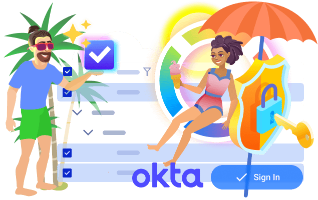 A vibrant illustration featuring a man holding a magic wand with a checkmark, and a woman under a beach umbrella with a security shield, ice cream, and the Okta logo with a 'Sign In' button.