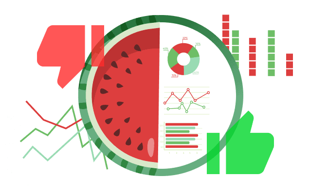 Illustration of the watermelon effect in IT, showing a watermelon with charts and graphs inside..