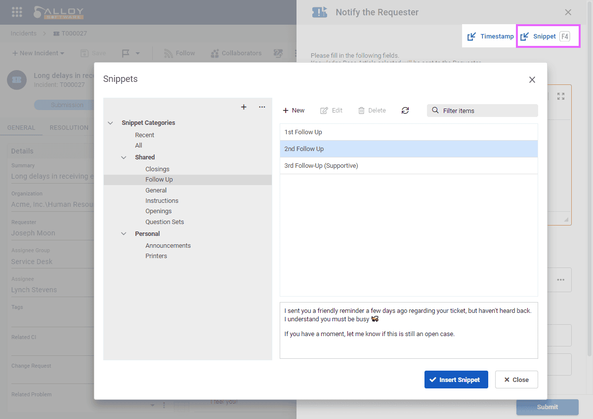 Screenshot of an Alloy Navigator interface showing the creation of a canned response for follow-up communications.