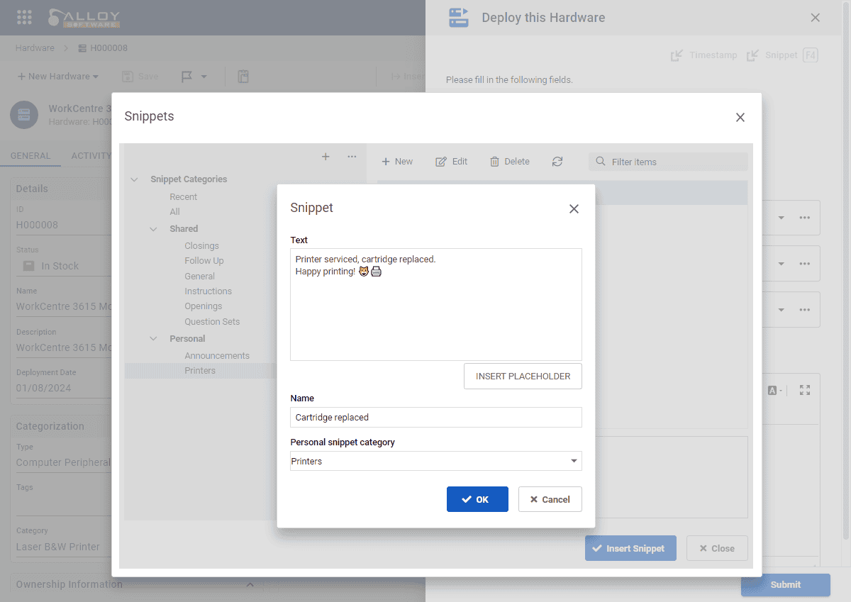Screenshot of an Alloy Navigator interface showing the configuration of a canned response for printer-related issues.